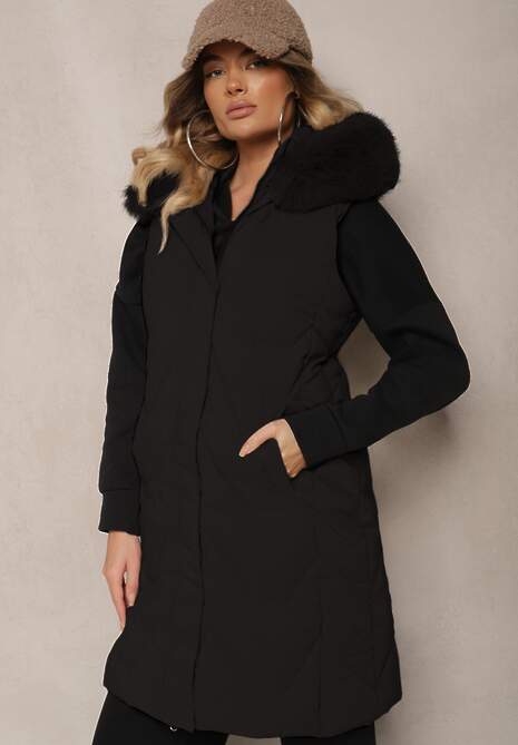 Czarna Kamizelka Pikowana z Kapturem i Odczepianym Futerkiem Innaleia