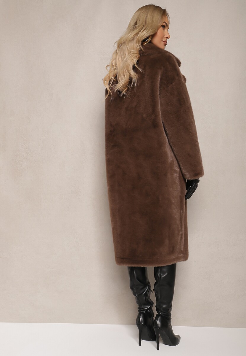 Brązowy Płaszcz z Futra z Zapięciem na Guziki i Wsuwanymi Kieszeniami Paritha