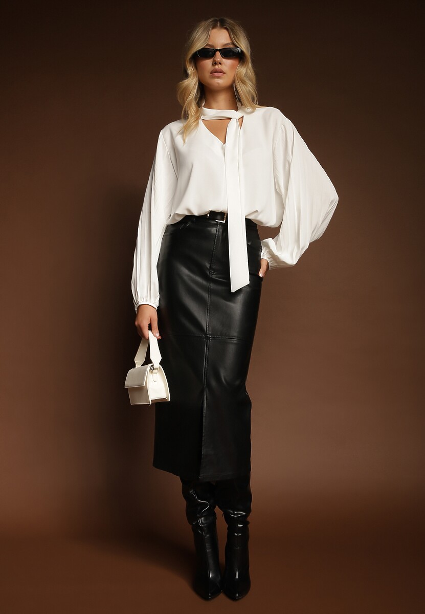 Biała Bluzka Ozdobiona Wiązaniem i Plisowanymi Rękawami Jenowena