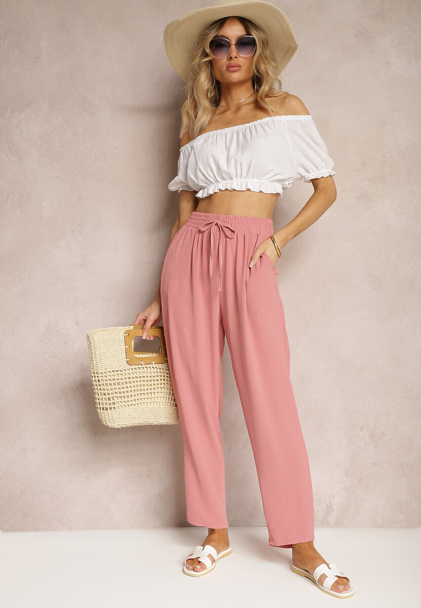 Ciemnoróżowe Spodnie Regular High Waist z Wiązaniem w Pasie Dimeca