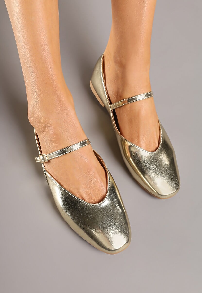 Złote Balerinki Vices z Paseczkiem ze Sprzączką i Ozdobnym Przeszyciem Desorila