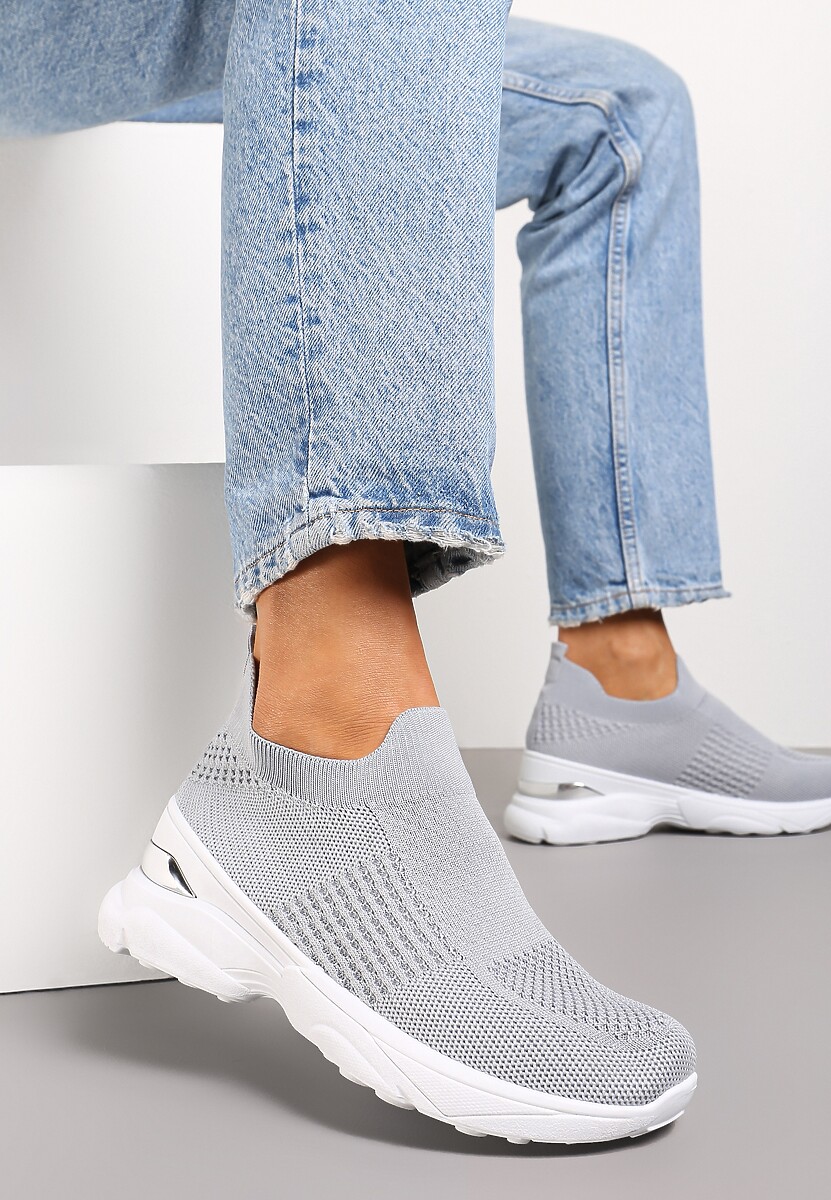 Szare Skarpetkowe Buty Sportowe na Grubej Podeszwie z Metaliczną Wstawką Markan