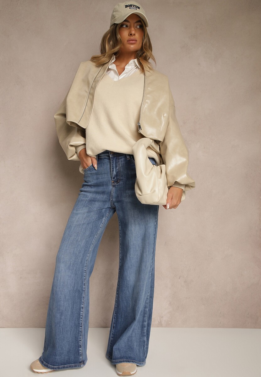 Niebieskie Jeansy High Waist z Szeroką Nogawką Elzaria