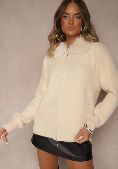 Beżowy Zasuwany Kardigan z Wełną z Futerkowym Kołnierzem Asiste