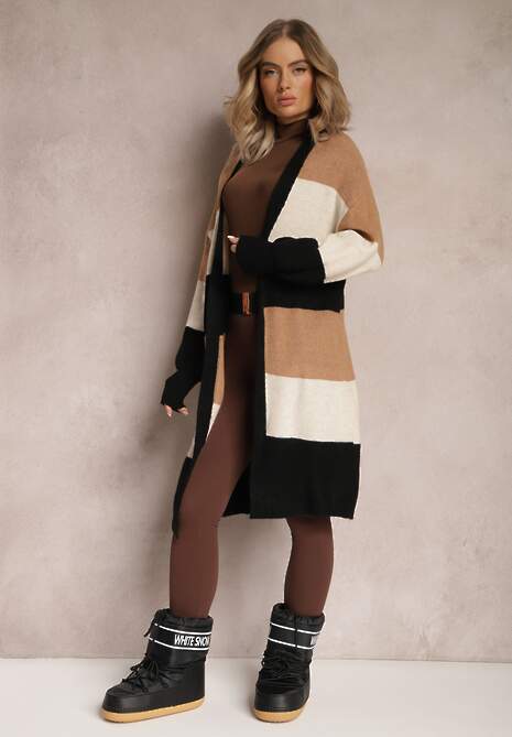 Brązowy Luźny Kardigan Niezapinany w Paski Blikoze