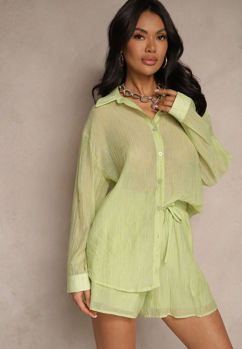 Zielony Komplet z Tkaniny z Cyrkoniami Koszula i Szorty Jeniviela