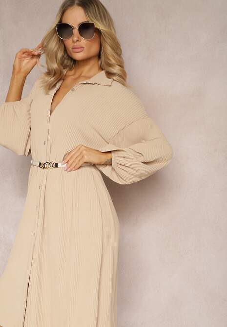 Beżowa Plisowana Sukienka Midi z Kołnierzem i Guzikami Danitza