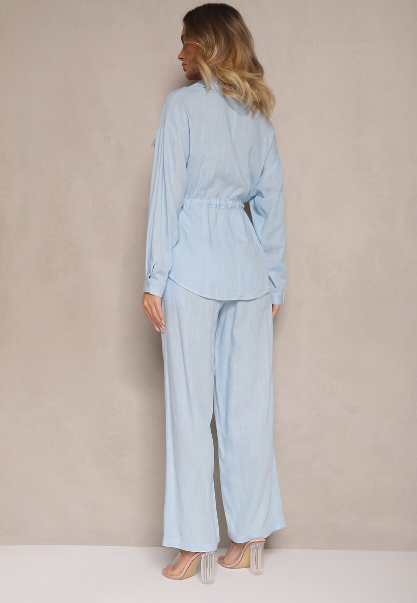 Niebieski Komplet z Wiskozą Spodnie o Szerokim Kroju i Koszula Ściągana w Talii Divanea