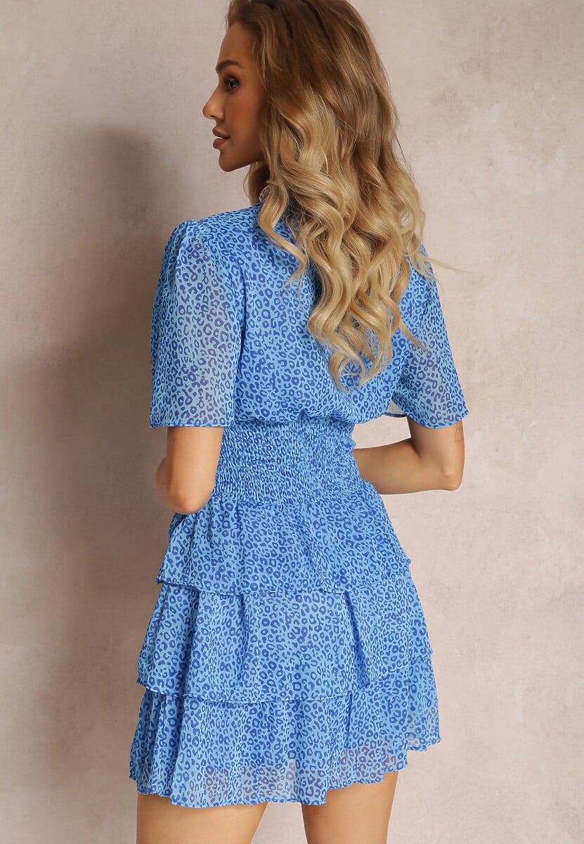 Niebieska Sukienka Mini z Falbankami i Marszczeniem w Talii Kraisa