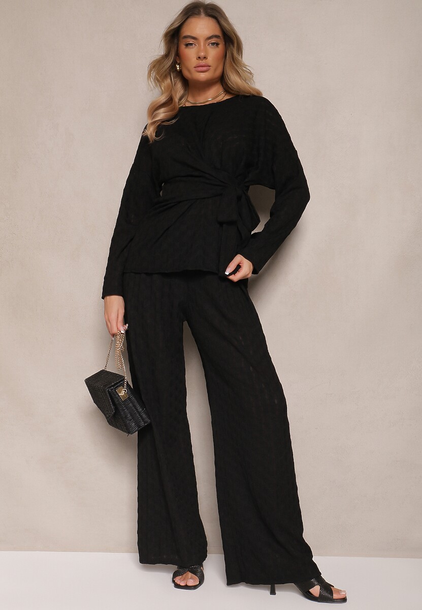 Czarny Komplet Spodnie o Szerokim Kroju i Bluzka z Wiązaniem w Talii Dilinne