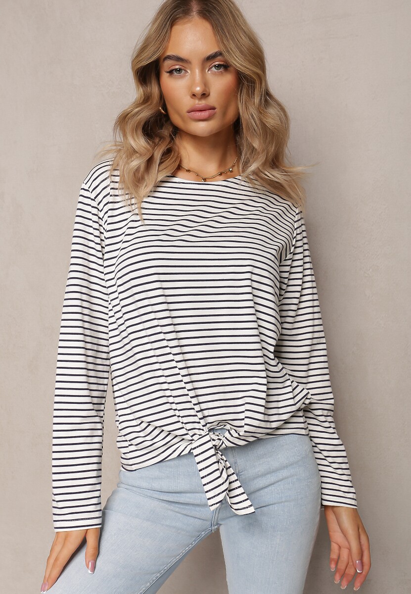 Biało-Granatowa Bawełniana Bluzka z Wiązaniem na Dole Bettine