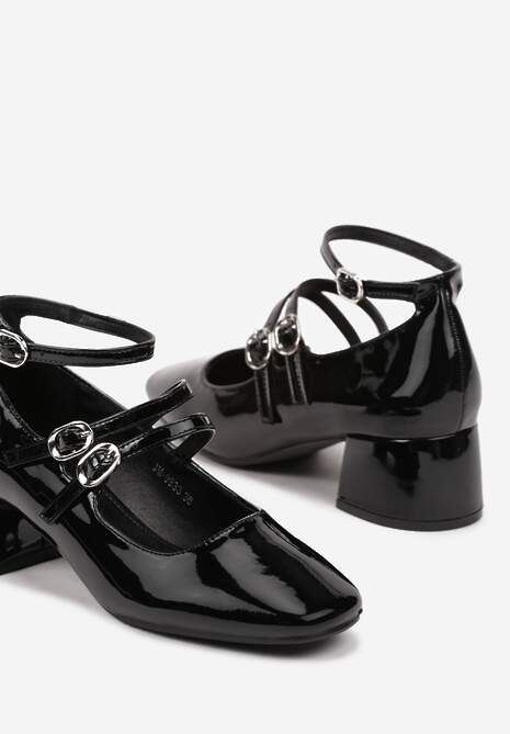 Czarne Czółenka Lakierowane na Słupku ze Sprzączkami i Paskami Lulina