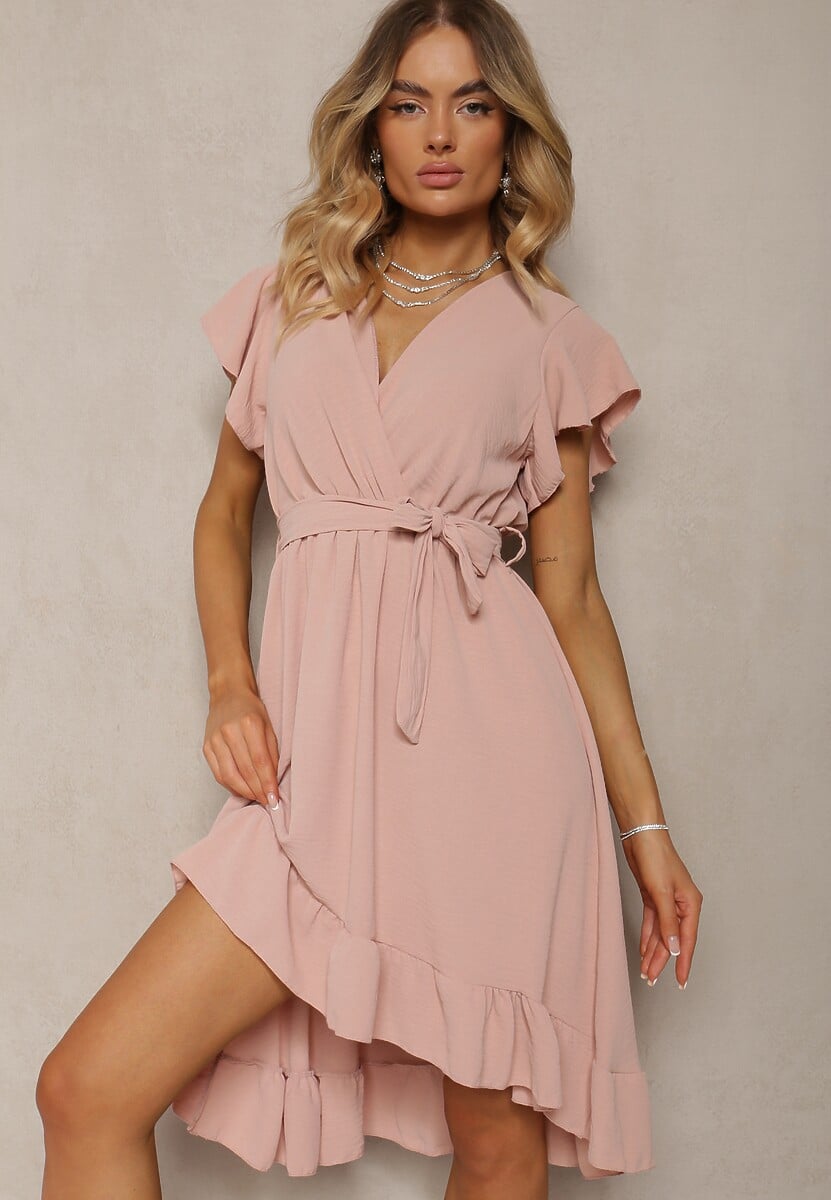 Czarna Sukienka z Asymetrycznym Tyłem z Kopertowym Dekoltem Ozdobiona Paskiem w Talii Toridia