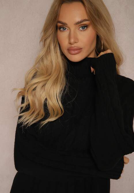 Czarna Sweterkowa Sukienka z Wełną Bawełną i Golfem o Pudełkowym Kroju z Ozdobnym Splotem Terevon