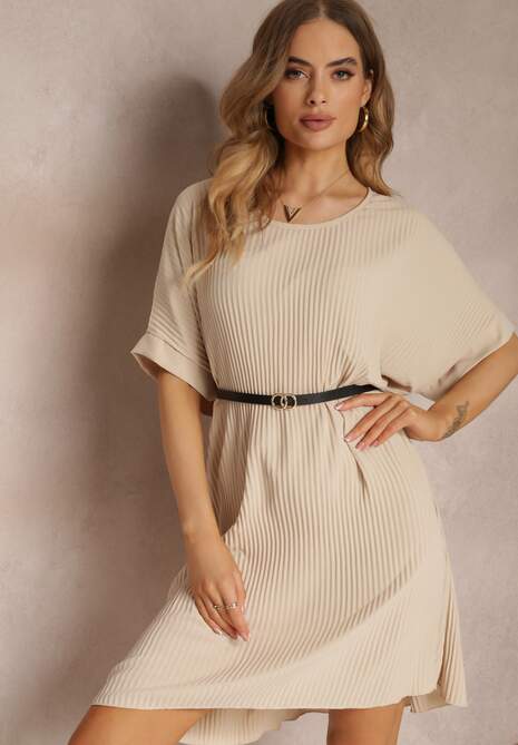 Beżowa Sukienka Mini Plisowana z Paskiem z Imitacji Skóry Dasima