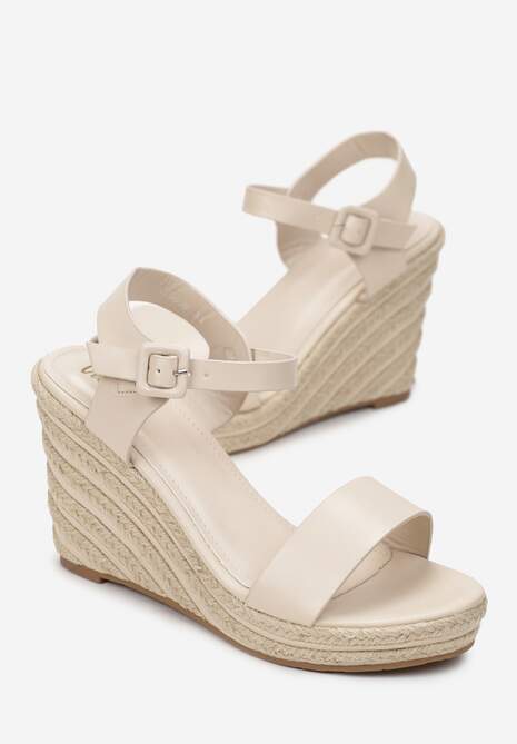 Beżowe Sandały na Plecionym Koturnie z Paskami Sabrika