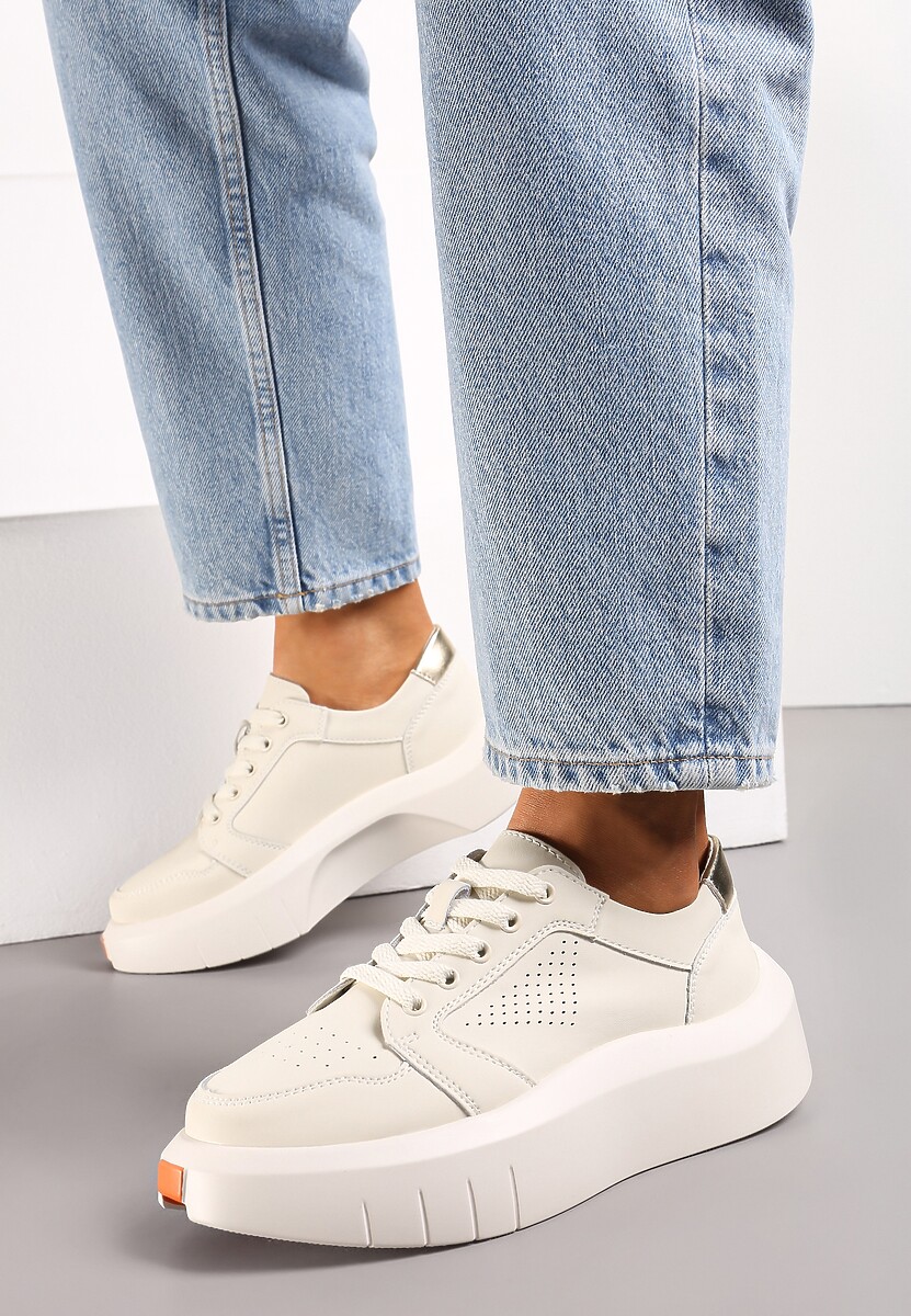 Beżowe Skórzane Sneakersy na Grubej Podeszwie przed Kostkę Olerassa