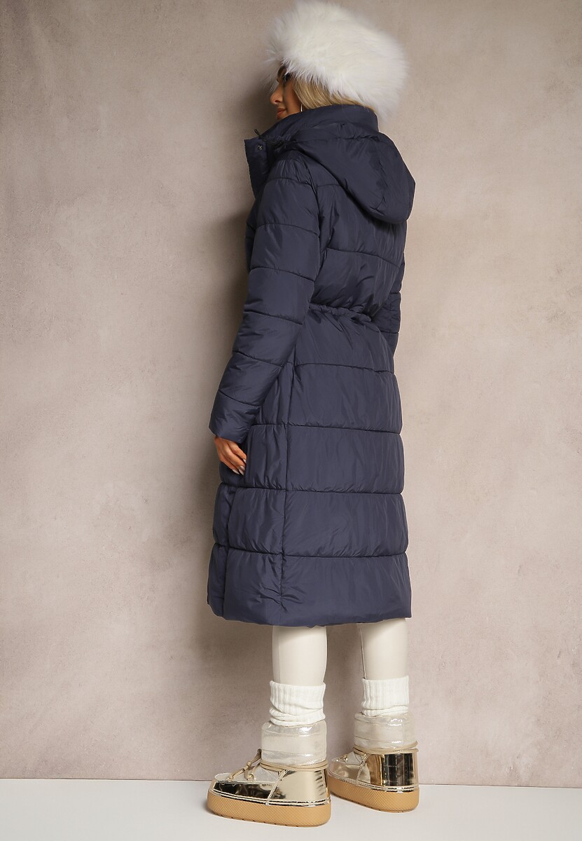 Granatowa Pikowana Kurtka Płaszcz z Kapturem i Gumką w Pasie Elastia