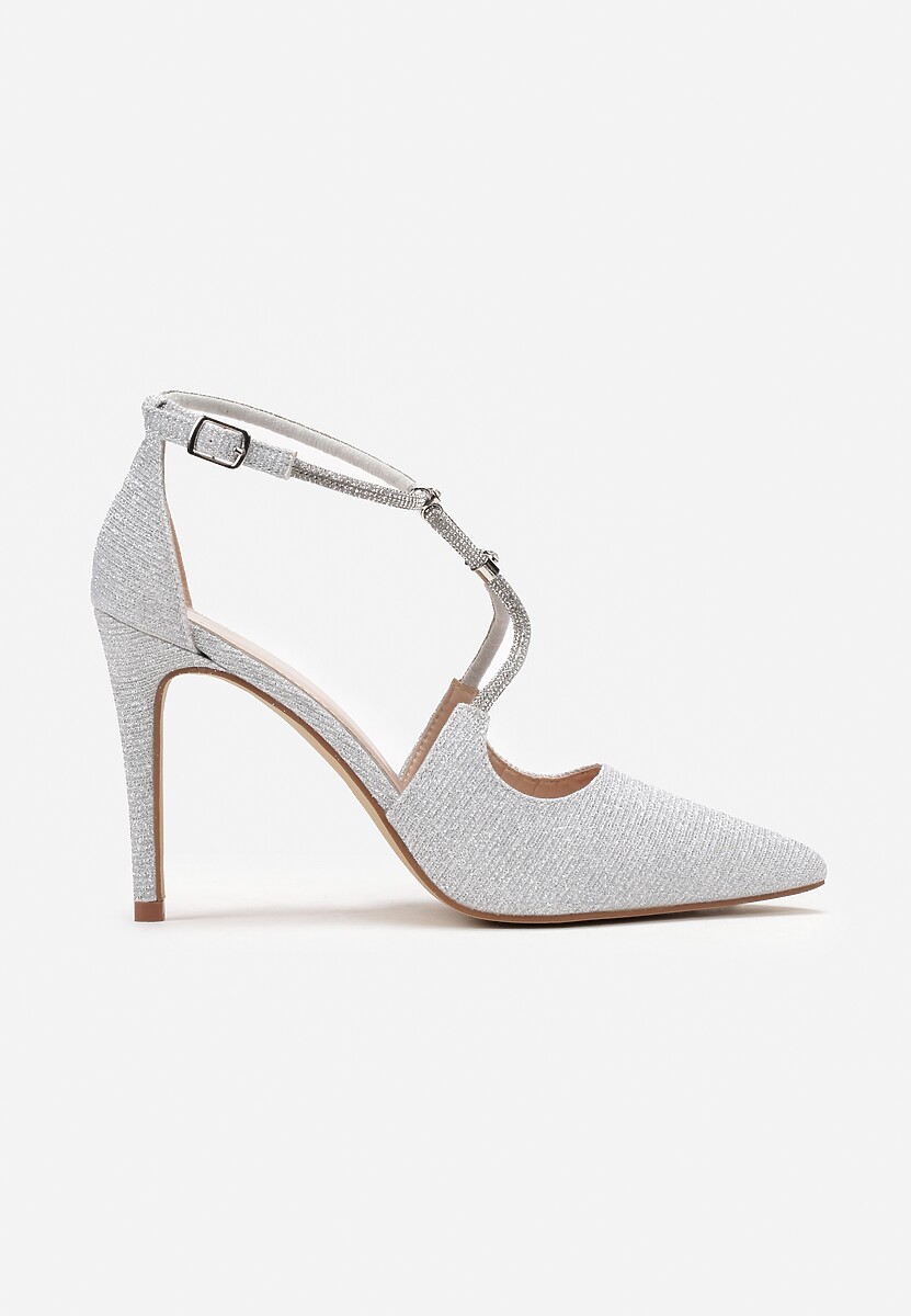 Srebrne Brokatowe Sandały na Szpilce z Paskami w Cyrkonie Nikante