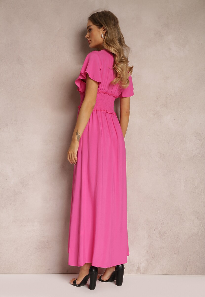 Fuksjowa Wiskozowa Sukienka z Kopertowym Dekoltem i Gumką w Pasie Shura