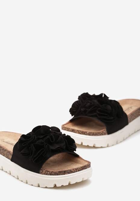 Czarne Klapki na Żłobionej Grubej Podeszwie z Naszywką Kwiatową Raiska