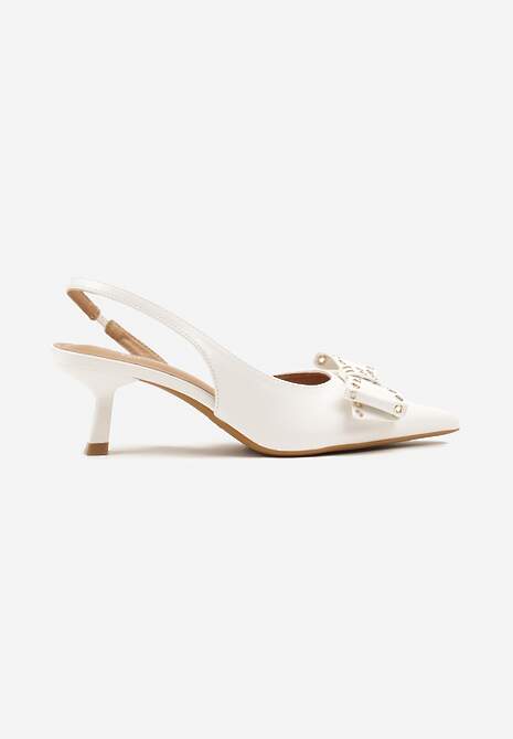 Białe Sandały Slingback na Kaczuszce Zdobione Kokardą z Nitami Rizonna