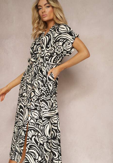 Czarna Sukienka o Koszulowym Kroju z Gumką w Talii z Materiałowym Paskiem i Guzikami Foliana