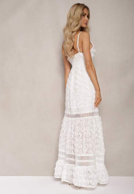 Biała Sukienka Koktajlowa z Motywem Kwiatów na Regulowanych Ramiączkach z Gumką w Talii Navitha