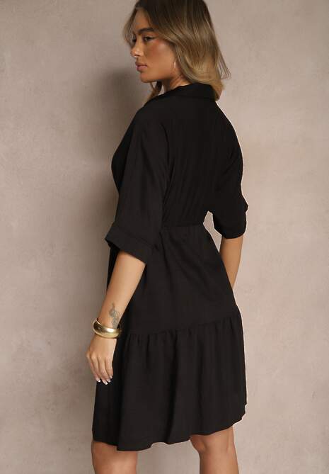 Czarna Wiskozowa Sukienka o Koszulowym Kroju z Wiązaniem w Talii Nanovias