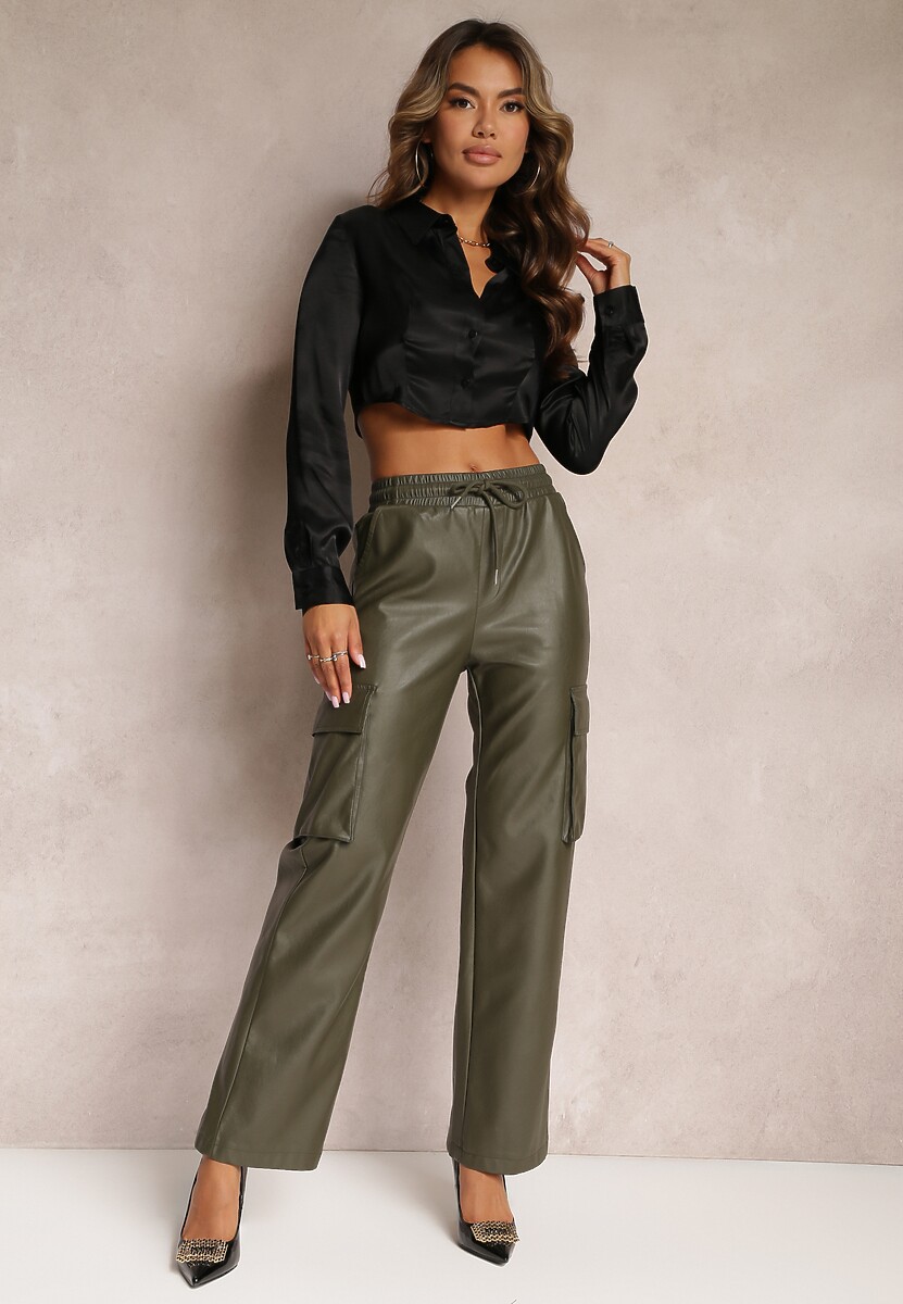 Beżowe Szerokie Spodnie w Stylu Cargo z Kieszeniami na Klapy Mixana