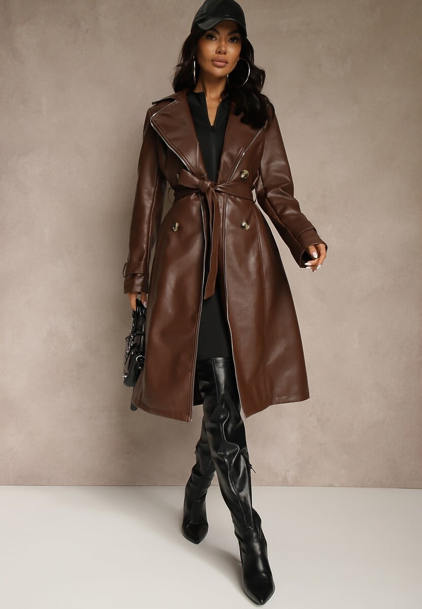 Brązowy Płaszcz Trencz z Ekoskóry o Dwurzędowym Kroju z Paskiem Nilianis