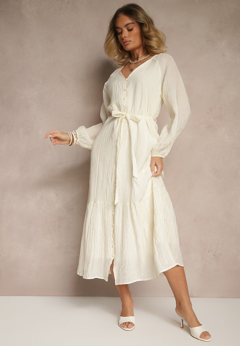 Ciemnozielona Sukienka z Wiskozy Taliowana z Rozkloszowanym Dołem o Koszulowym Kroju Emlio