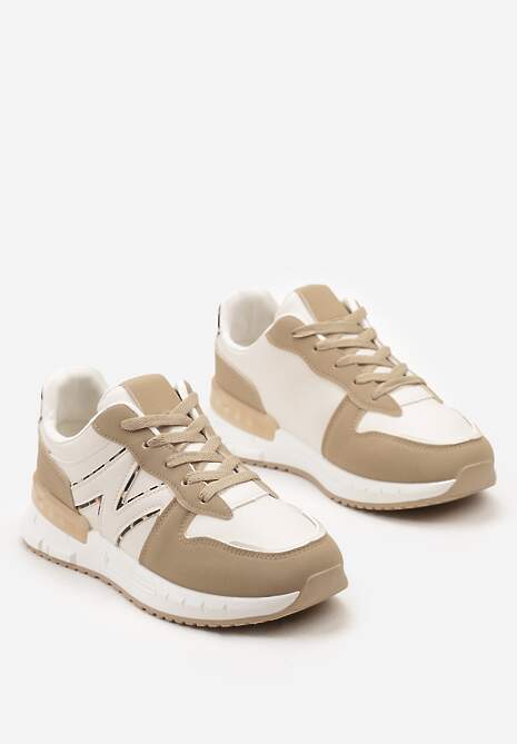 Ciemnobeżowe Płaskie Sneakersy ze Sznurowaniem z Metalicznymi Wstawkami Remarie