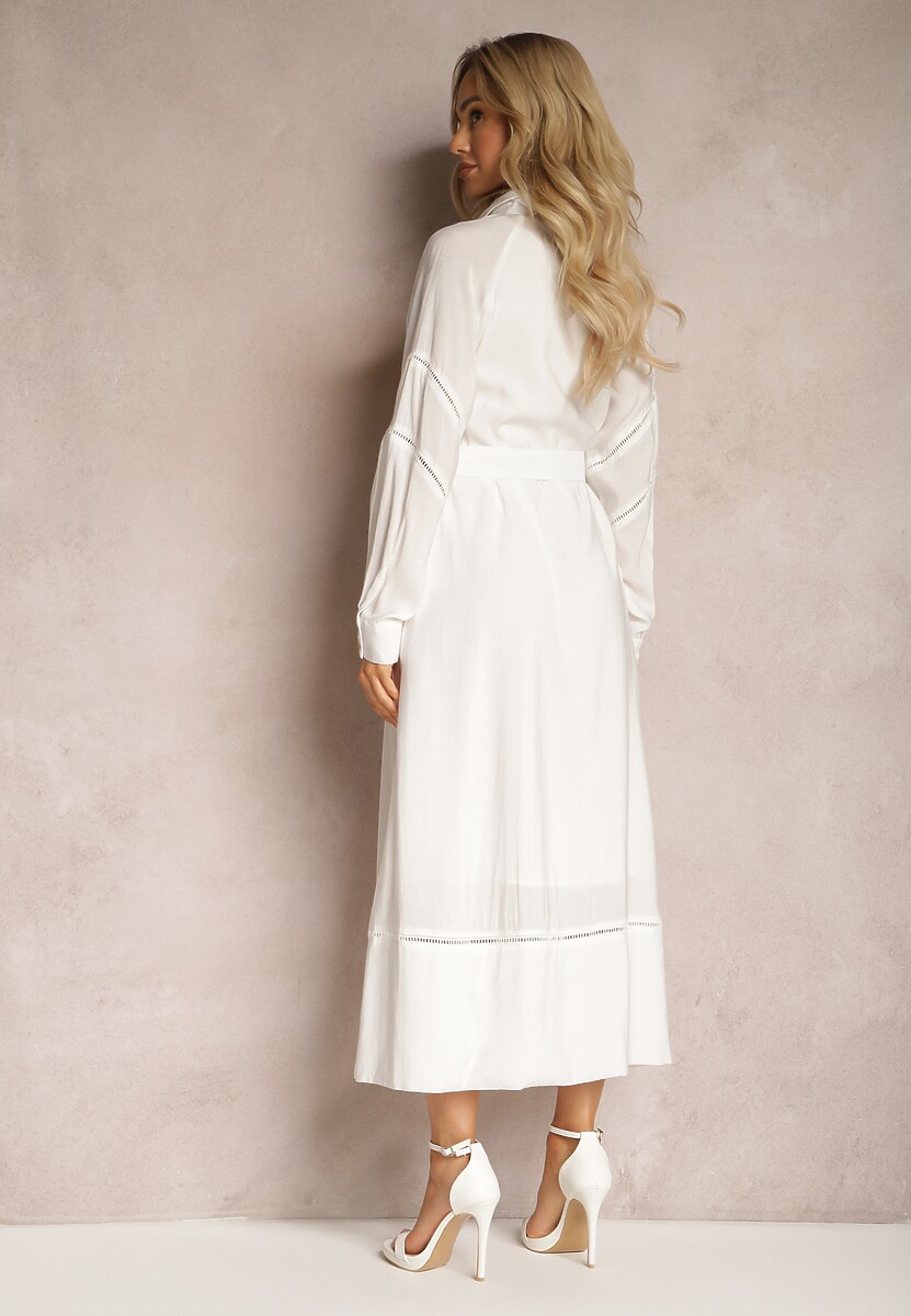 Biała Rozpinana Sukienka z Materiałowym Paskiem i Klamrą Kastria