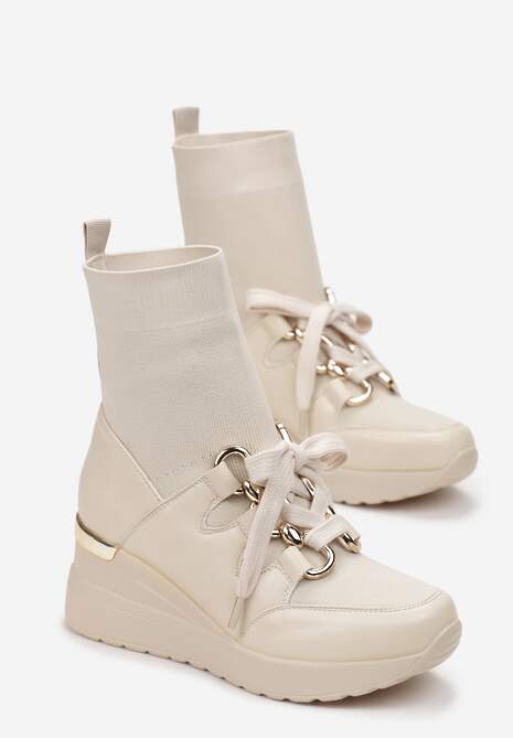 Beżowe Botki na Koturnie z Elastyczną Cholewką Tinesa