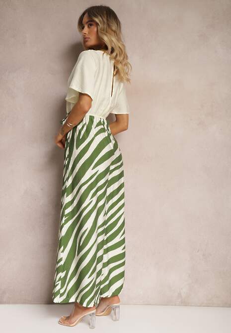 Zielono-Biały Kombinezon z Materiałowym Paskiem i Szerokimi Rękawami Nellda