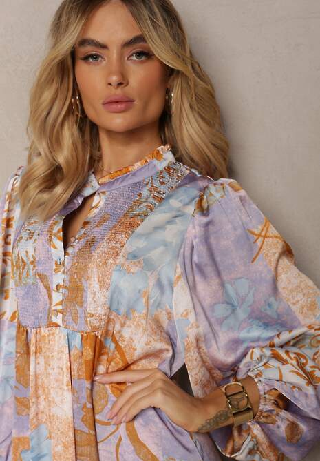 Niebiesko-Fioletowa Długa Sukienka z Szerokimi Rękawami z Gumką i Ozdobnym Marszczeniem Tamiafe