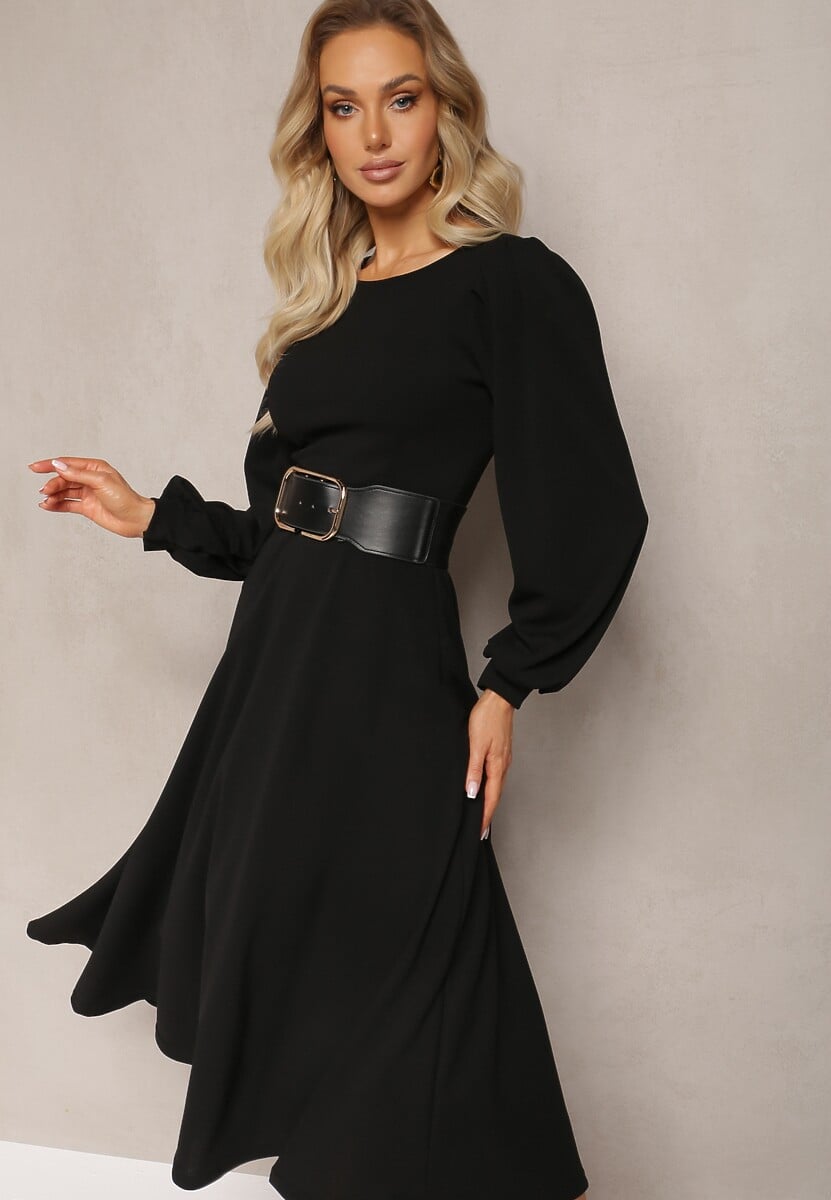 Czarna Sukienka Midi o Rozkloszowanym Fasonie z Bufiastymi Rękawami Amatya