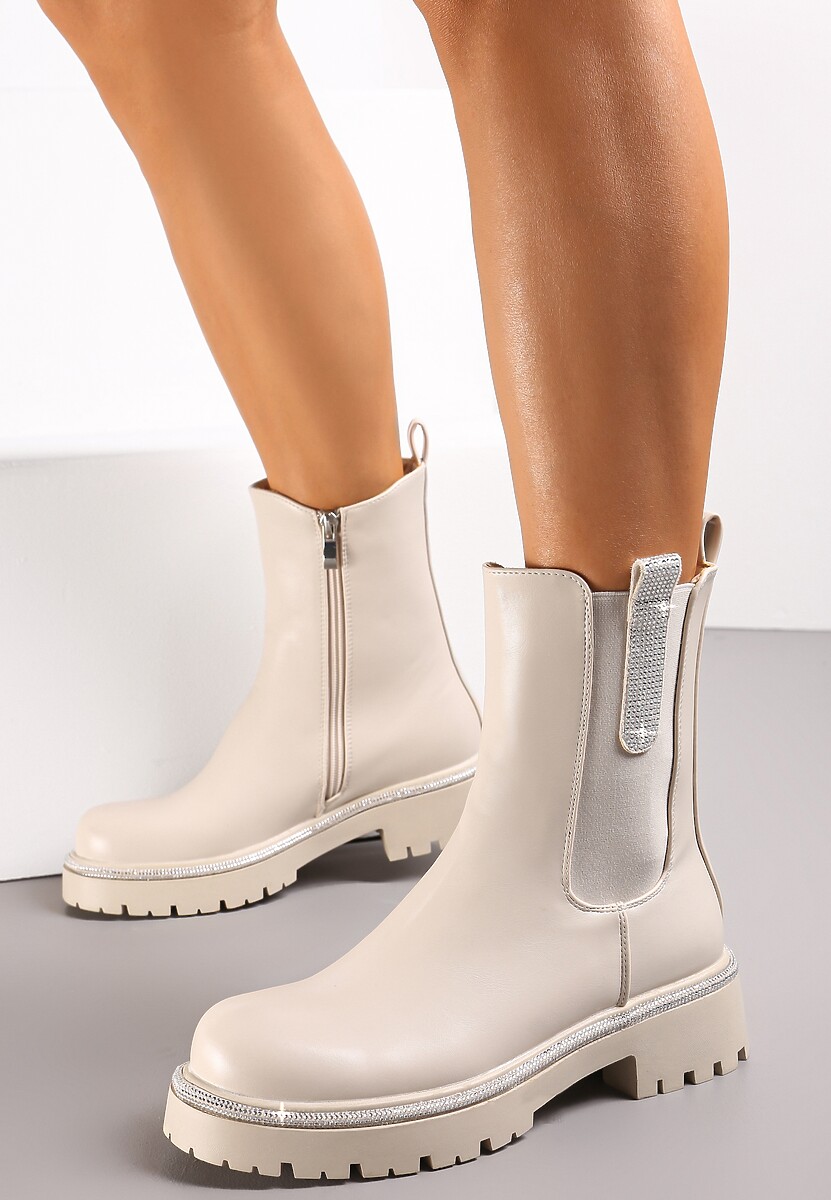 Beżowe Botki Sztyblety w Cyrkonie Caterissa