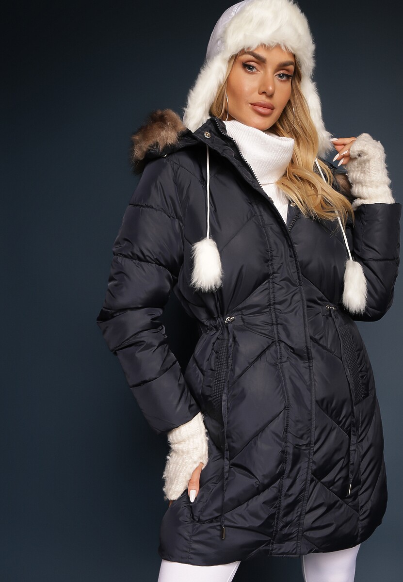 Granatowa Długa Pikowana Kurtka w Stylu Parki z Troczkiem w Pasie i Sztucznym Futerkiem Abelasa