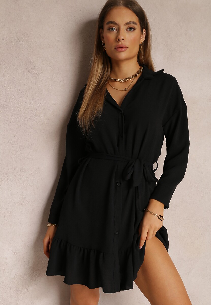 Zielona Sukienka Koszulowa z Falbanką i Wiązanym Paskiem Neitra