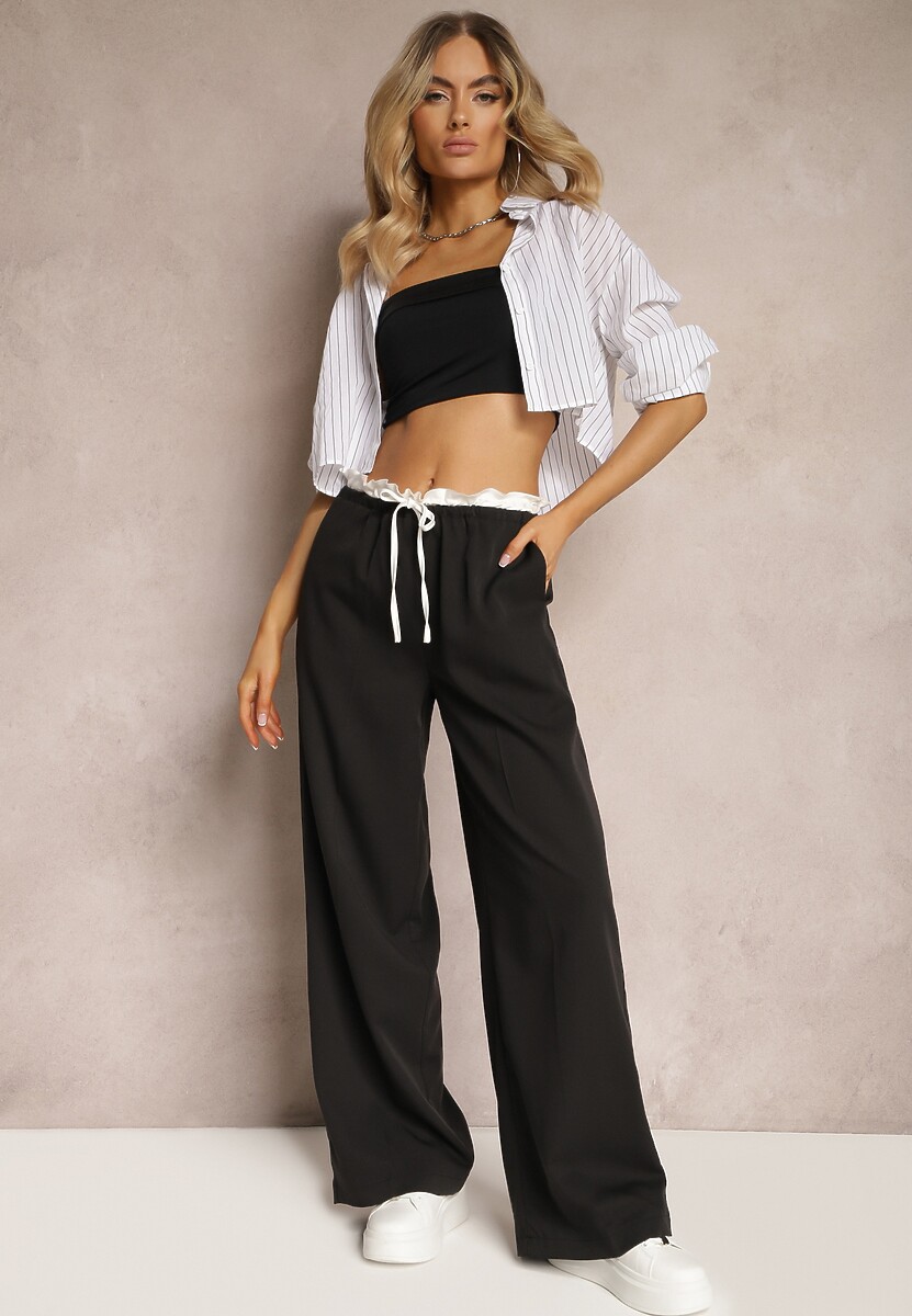 Czarne Materiałowe Spodnie z Szerokimi Nogawkami High Waist z Gumką w Talii Comina