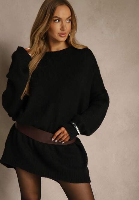 Czarny Sweter Oversize z Wełną i Wiskozą Fedolina