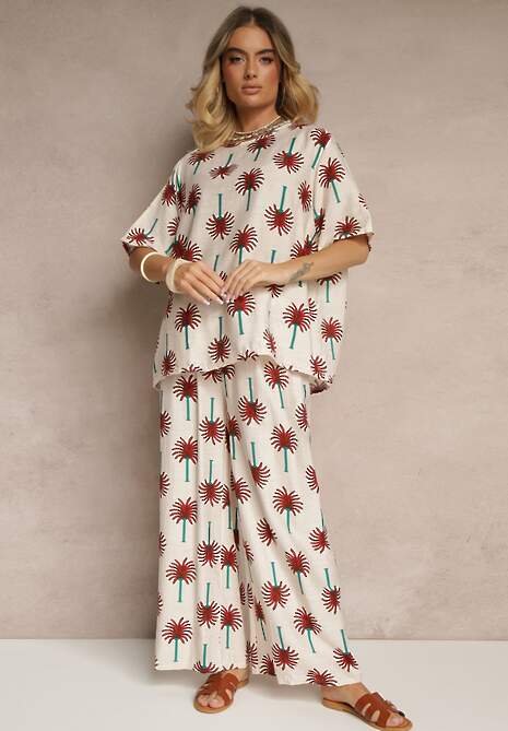 Bordowy Komplet z Wiskozy Zdobiony Printem w Palmy Szerokie Spodnie i T-shirt Zioleana