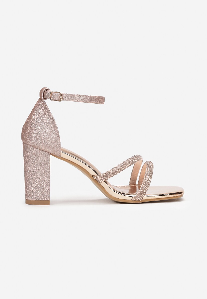 Szampańskie Sandały na Słupku z Brokatem i Cyrkoniami Axerise