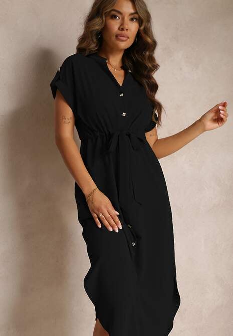 Czarna Sukienka Koszulowa z Krótkim Rękawem Yasminine