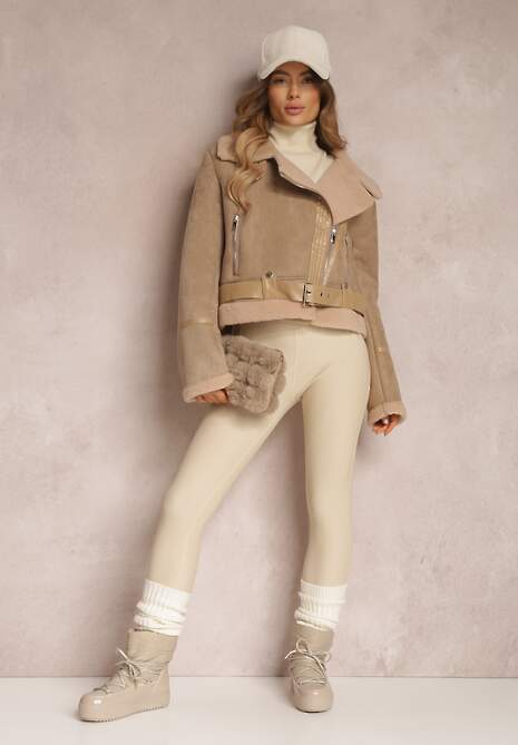 Beżowa Kurtka Biker z Imitacji Zamszu i Kożuszka Jassan
