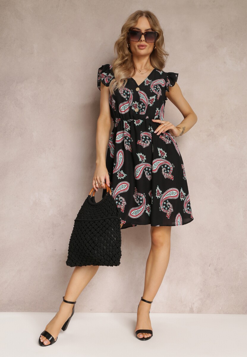 Czarna Rozkloszowana Sukienka Mini we Wzór Paisley Rachelli