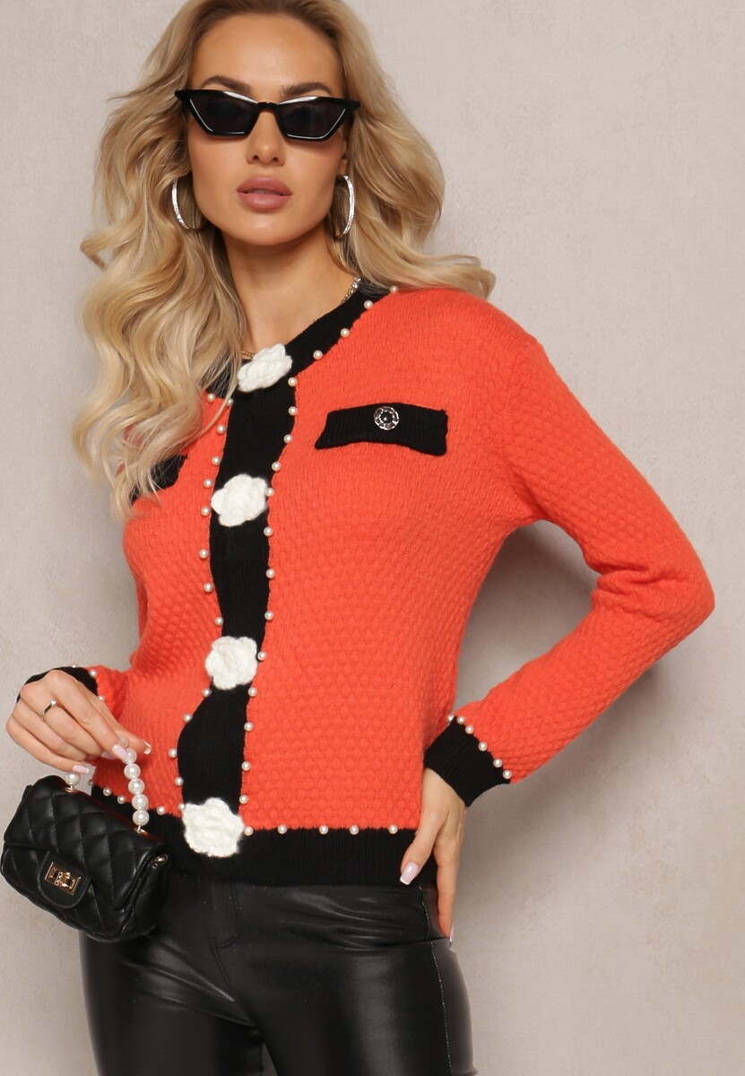 Pomarańczowy Kardigan z Wiskozy o Klasycznym Fasonie z Perłami i Kwiatami Kallu