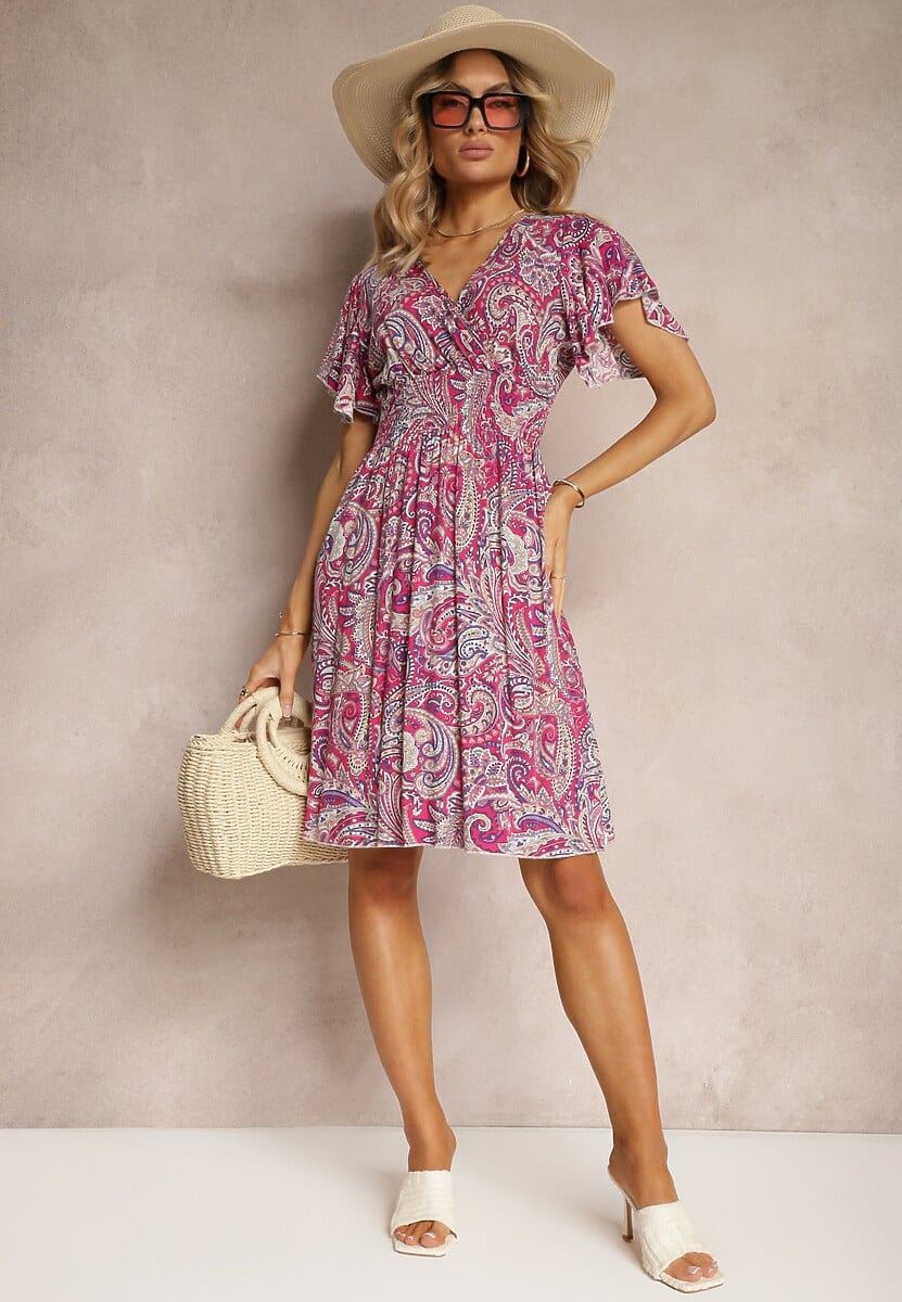 Fuksjowa Rozkloszowana Sukienka z Wiskozy z Trójkątnym Dekoltem i Gumką w Pasie Grilemia